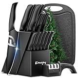 Emojoy Knife Set, 16 Pieces Black Knife Set for Kitchen with 3-Stage Professional Sharpener and Cutting Board, Super-Sharp High Carbon Stainless Steel Kitchen knives, Ergonomic Handle, All Black
