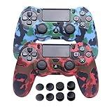 Silicone Controller Covers Compatible with PS4 Controller - 2 Pack of Anti-Slip Protector Controller Skin Case- with 4 Pairs Thumb Grips - Camo Red & Blue