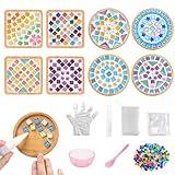 Adboros 8 Sets DIY Glass Mosaic Tiles for Crafts Mixed Color Mosaic Kits with Wooden Coaster for Adults Bamboo Coaster for Drinks Tray Handmade Home Decoration
