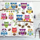 Ambesonne Owls Shower Curtain, Sporty Owls Cheerleader League Team Coach Football Themed Animals Cartoon Art Style, Cloth Fabric Bathroom Decor Set with Hooks, 69" W x 70" L, Multicolor Brown Green