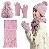 Hat Gloves Scarf Set Women Winter Knit Beanie Hat+Touchscreen Gloves+Long Scarve 3 in 1 Set Gift for Women Girls Pink