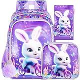 gxtvo 3PCS Girls Rabbit Bookbag, 16" Kids Backpackwith Lunch Box, Water Resistant School Bag for Elementary Prechool Toddler