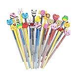 Jsehchya 28PCS Pencils with Fruit Animal Top Eraser for Kids,Pencils with Assorted Cartoon Color Stripe Erasers Topper for Kids School Supplies and Children Prize Gifts (28)