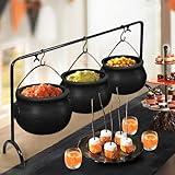 ORIENTAL CHERRY Halloween Decor - Halloween Party Decorations - Set of 3 Witches Cauldron Serving Bowls on Rack - Black Plastic Cauldron for Indoor Outdoor Home Kitchen Decoration