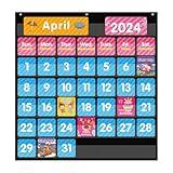 REGELETO Large 44 Pockets Calendar Pocket Chart for Classroom with 85 Cards, Size:25” X 24” Monthly Calendar and Weather Black Pocket Chart for Kids Learning for Home or Kindergarten (44 Pockets)