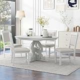 Merax Extendable Dining Table Set for 4-6 People, Farmhouse Kitchen Table Set with 4 Upholstered Chairs, Solid Wood Table and Chairs Set for Kitchen, Dining Room, Small Space, Antique White