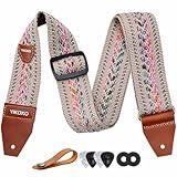 YIKOKO Guitar Strap with Pick Pocket，2 inch Cotton Guitar Straps with Full Grain Leather End, for Bass Electric and Acoustic Guitars, Free Strap Button, 2 Strap Locks and 4 Guitar Picks