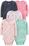 Simple Joys by Carter's Baby Girls' 5-Pack Long-Sleeve Bodysuit, Mint Green/Navy Dots/Pink/Butterflies/Floral, 6-9 Months