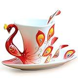 vanki 1 pc Collectable Fine Arts China Porcelain Tea Cup and Saucer Coffee Cup Peacock Theme Romantic Creative Present,Red