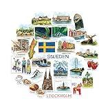 Navy Peony Stylish Sweden Travel Stickers (28pcs) - Watercolor, Scandinavia, Swedish-Themed Vacation Decals for Journals, Scrapbooks, Luggage, Tumbler