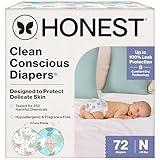 The Honest Company Clean Conscious Diapers for Delicate Skin | Up to 100% Leakproof | Hypoallergenic, Fragrance Free | Gender Neutral | Club Box, Size Newborn, 72 Count (Prints May Vary)