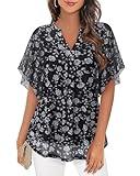 Timeson Women Short Sleeve Tops: Plus Size — Summer Shirts for Women — Ladies Blouses Dressy Casual Loose Fitted Spring Business Clothes Floral Flowy Peasant Tall Tunics for Leggings Black White 2XL