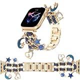 REALSIGN Stylish Metal Wristband Compatible with Apple Watch Band 42 44 45 46 49mm,Cuban Chain with Blue Jean Bracelet Star Moon Love Cute Strap for iWatch Series 10 9 8 7 6 5 4 3 SE Women(42/44/45MM,Gold +Denim Blue)