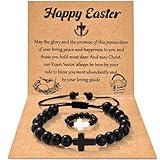 AONSOULE Easter Basket Stuffers for Teen Boys, Cross Bracelet & Ring Set with Black Agate Beads, Christian Easter Gifts for Boys Teens, Religious Jewelry for Baptism Communion Confirmation