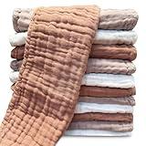Muslin Burp Cloths for Baby 100% Cotton Burping Cloths for Unisex, Boy, Girl - Large 20'' by 10'' Newborn Essentials Ultra Soft Absorbent Milk Spit Up Rags - 12 Pack - White+Light Bean Paste Series