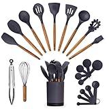 Silicone Kitchen Utensils Set & Holder: Cooking Utensils Set - Kitchen Essentials for New Home & 1st Apartment- Silicone Spatula Set, Cooking Spoons for Nonstick Cookware (Acacia Wood, Grey)