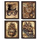 LARTSFRO Vintage Steampunk Wall Art Decor Posters Prints, Punk Room Bedroom Bathroom Dorm Wall Art Decor, Vintage Industrial Train Clock Hat Ship Posters Wall Decor for Home Office Man Cave Decor, 10x8 Inch Set of 4 Pcs Pictures (UNFRAMED)