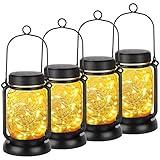 Mlambert 4 Pack Solar Hanging Lantern with Stakes, Outdoor Waterproof Solar Mason Jar Fairy String Lights Decorative Vintage Glass Lamp-Warm White