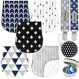 Dodo Babies 5-Pack Baby Burp Cloths - Soft, Absorbent Cotton Burp Cloths - Includes Pacifier Case and 2 Pacifier Clips - Colors: Black, Blue and Gray - Baby Essentials