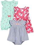 Simple Joys by Carter's Baby Girls' 3-Pack Romper, Sunsuit and Dress, Mint Green Cherry/Navy Stripe/Pink Floral, 12 Months