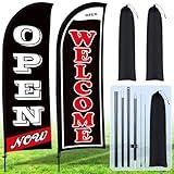 Buryeah 2 Sets Now Open Flag Banner for Business Advertising 7 ft Feather Flag Sign with Flagpole Ground Stake Portable Bag(Black)