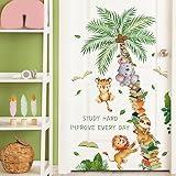 Giant Coconut Book Tree Wall Decals Lovely Jungle Animals Wall Stickers DIY Removable Green Leaves Vine Safari Forest Animals Wall Decor for Kids Teens Bedroom Living Room Nursery Decoration DT-4289