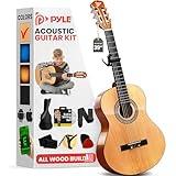 Pyle Beginner Acoustic Guitar Kit, 4/4 Full Size All Wood Build Nylon String Instrument with Capo, Strap, Extra String Set, Gig Bag, Guitars for Beginners Adults Youth, 39" Natural Gloss