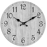 HYLANDA Wall Clock, Rustic Wall Clocks Battery Operated Silent Non Ticking, Country Round Wooden Clocks Farmhous Wall Decorative for Kitchen, Bathroom, Living Room (Gray 8 Inch)