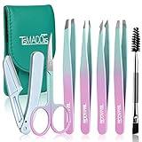 TsMADDTs 7PCS Tweezers for Women Facial Hair, Precision Tweezer Set for Eyebrows with Curved Scissor and Eyebrow Razor for Ingrown Hair