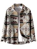 ZAFUL Flannel Shirt for Men Ethnic Style Aztec Print Work Pocket Wool Blend Long Sleeves Shirt Shacket Tops (Coffee XXL)