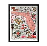 Poster Master Florida Vintage Map Poster - Fruity & Floral Map Print - Unique Wall Decor Gift for Home, Living Room, Kitchen, Bedroom, Bathroom - Illustrative Atlas Poster, 11x14 Black Framed