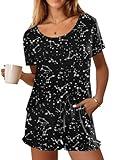 Ekouaer Womens Pajamas Short Sleeve Lounge Set Crew Neck Tops and Ruffle Shorts Pj Sets Soft Sleepwear with Pockets Black Sky,Small