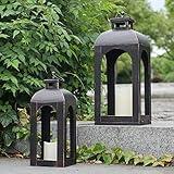 DECORKEY LED Lantern Decorative Outdoor&Indoor, Set of 2 (17’’&13’’) Black Metal Lanterns Decor, Vintage Hanging Candle Holder for Home Porch Wedding Halloween Christmas Decorations Battery Powered