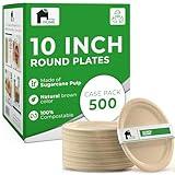 EconoHome 10 Inch Compostable Paper Plates - Eco-Conscious Disposable Plates Made of Bagasse or Sugarcane Fiber - Microwave, Refrigerator-Safe - Heavy Duty Paper Plates for Dinner - Case of 500