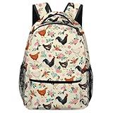 DOINBEE Floral Chicken Backpack for Girls Kids, Colorful Chicken and Flowers Beige Backpacks for School, Farm Animal Bookbag Kindergarten Elementary Middle School Bag Casual Travel Daypack