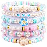 6Pcs Preppy Bracelets for Women Clay Bead Friendship Bracelet Preppy Jewelry Colorful Polymer Clay Pearl Beaded Stretch Bracelets（Marine Style）
