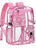 Flowston Clear Backpack for School, 17 inch Large TPU Heavy Duty See Through Bookbag for Boys Girls Women Men, Transparent Backpack With All-Around Reflective Strips for College Work Travel,Pink