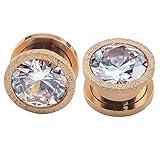 ZS Rose Gold Stainless Steel Screw Big Cubic Zirconia Ear Gauges Plugs Tunnels Expander Body Piercing (Gauge=1/2"(13mm))