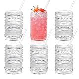 KMIGRUAN Hobnail Drinking Glasses with Straws 15oz Vintage Glassware Set of 6 Embossed Vintage Water Cups, Highball Glasses for Cocktail,Whiskey,Beer and Juic