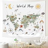 Imirell World Map Kids Tapestry 78Wx59H Inches Cartoon Animal Educational Learning Tool Adventure Green Rainbow Cute Plant Wild Art Hanging Bedroom Living Room Dorm Wall Blankets Home Decor Fabric