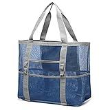 F-color Mesh Beach Bag - Large Beach Toys Tote Bag 9 Pockets for Swim Pool Cruise Vacation Essentials, Blue