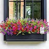Alupssuc 24 Bundles Artificial Flowers for Outdoors Spring Summer Decoration, UV Resistant Eucalyptus Violet and Lavender Silk Fake Plants for Outside Indoor Yard Home Patio Decor, Red Rose Purple