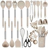 NCUE Kitchen Utensils Set, 28 Pcs Silicone Cooking Utensils Set with Holder, Spatula Set, Silicone Whisk, Scissors, Measuring Cups and Spoons Set with Stainless Steel Handle Kitchen Gadgets (Khaki)