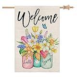 CROWNED BEAUTY Garden House Flag Floral Mason Jar Double Sided (Multi-Spring, 28"X40")