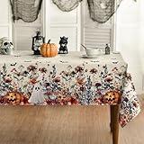 Horaldaily Halloween Tablecloth 60×84 Inch Rectangular, Bat Ghost Pumpkin Flower Washable Seasonal Table Cover for Party Picnic Dinner Decor