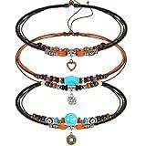 3 Pcs Western Layered Boho Wood Beads Choker Necklace Adjustable Vintage Leather Necklace Bead Choker Boho Jewelry for Women