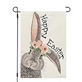 CROWNED BEAUTY Easter Garden Flag Bunny 12X18 Inch Double Sided for Outside Small Burlap Yard Holiday Banner