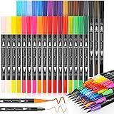 Soucolor Art Brush Markers Pens for Adult Coloring Books, Cute Preppy Stuff School Office Teacher Supplies, 34 Colors Dual Tip (Brush and Fine Point) Drawing Markers for Note Taking Journal Classroom