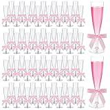 Reallnaive 60 Sets Champagne Flutes with Satin Ribbon Pink Bows 5 oz Plastic Disposable Wine Glasses Reusable Champagne Glass for Wedding Anniversary Toasting Birthday Engagement Party