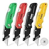 KATA Folding Box Cutter Knives: 4-Pack Heavy Duty Utility Knife Pocket Box Cutter - Extra 20pcs Razor Blades Plastic Cardboard Opener Safey Knives - Gifts for Men Cutting Cartons, Leather, Rope